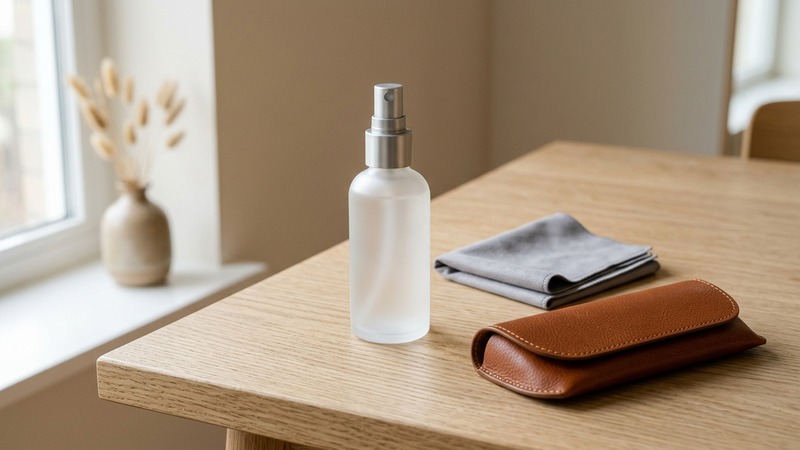 Optical eye care supplies including lens cleaning spray solutions, microfiber cloths, and protective spectacles cases at Shrinetra Optical Sunderpur Varanasi